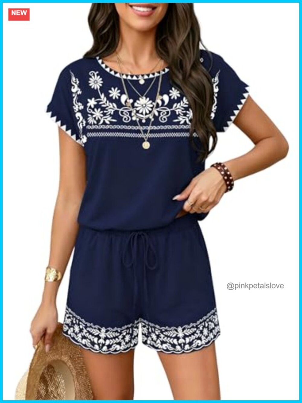2 Piece Short Sets for Women Summer Cap Sleeve Crew Neck Lounge Sets Boho Navy M